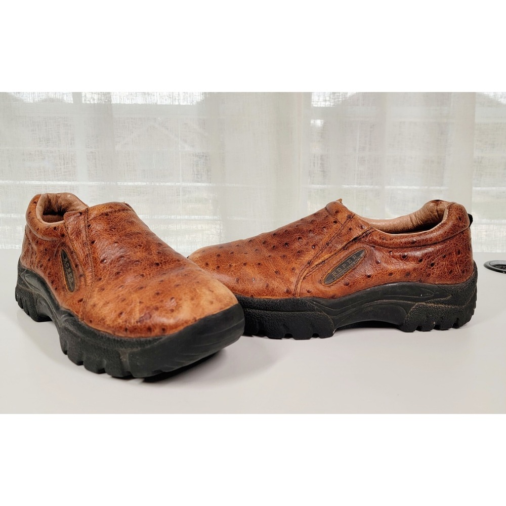 Roper 8.5 Leather Tan Brown‎ Ostrich Print Performance Slip On Work Safety Shoes